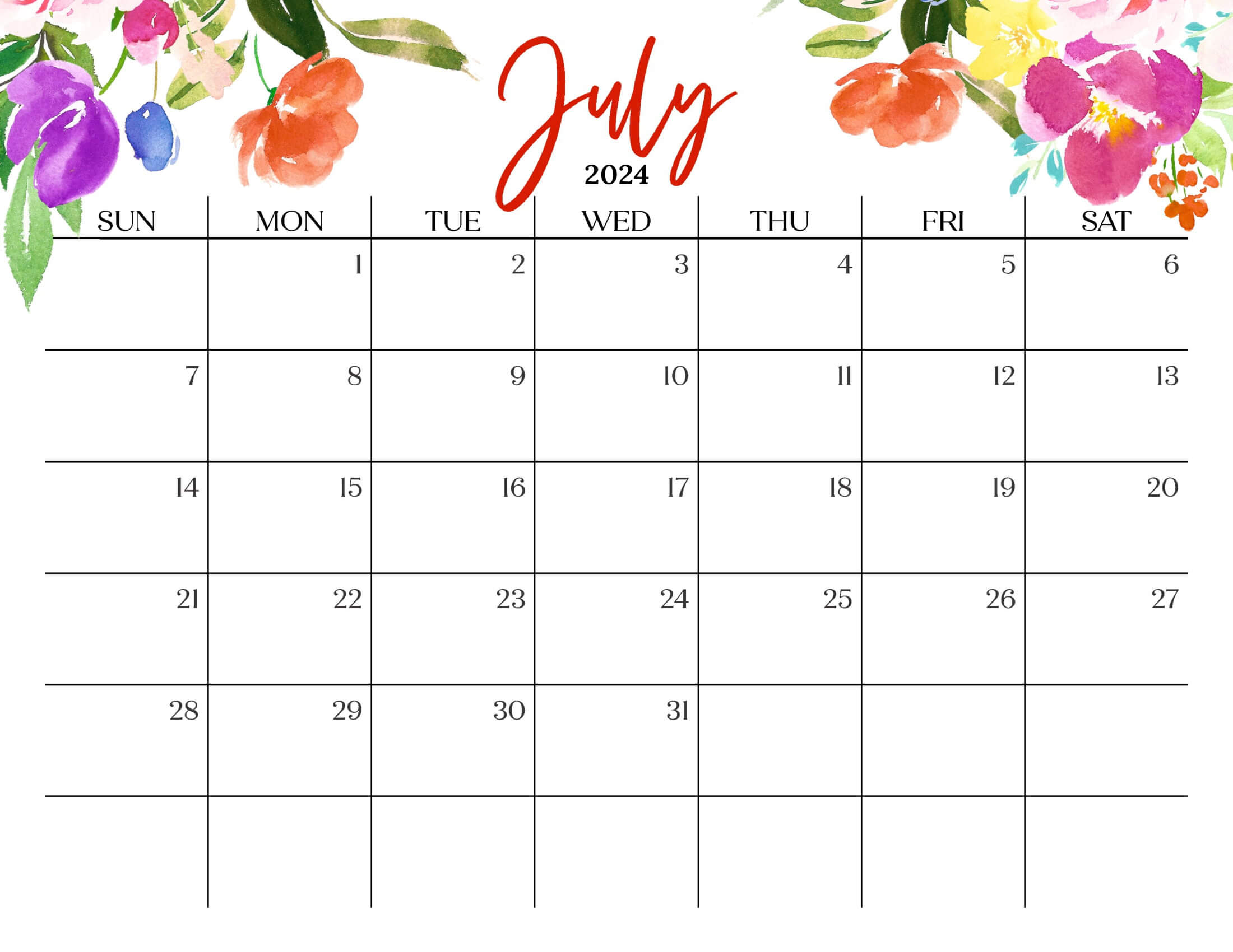 Cute July 2024 Calendar Multi Flower