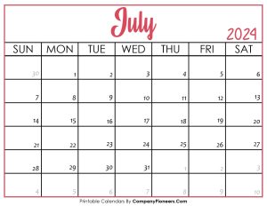 July 2024 Calendar Printable Pink Header