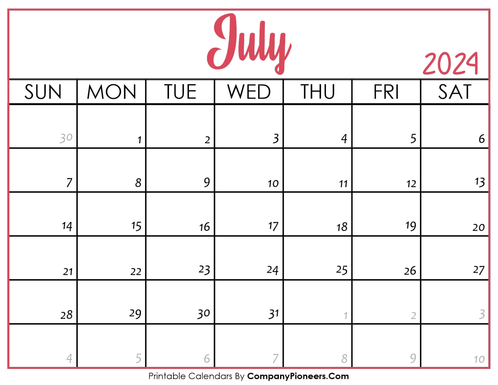 July 2024 Calendar Printable Pink Header