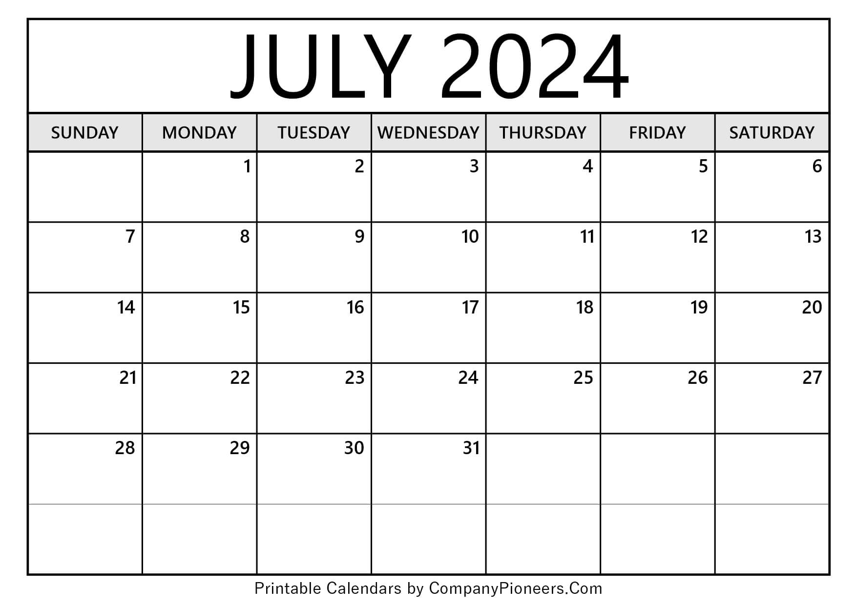 July 2024 Calendar Template Blank