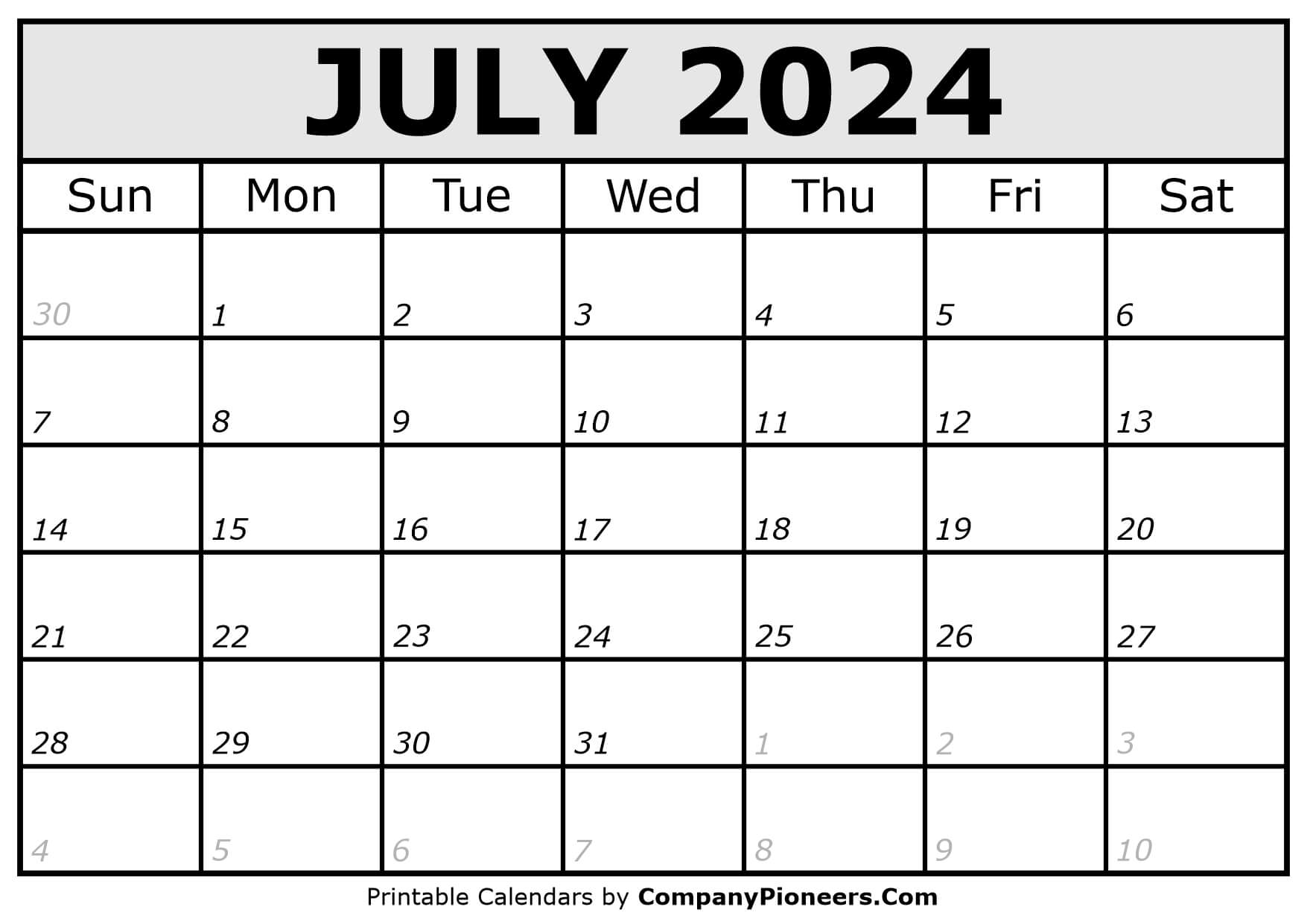 Printable July 2024 Calendar Italic Font