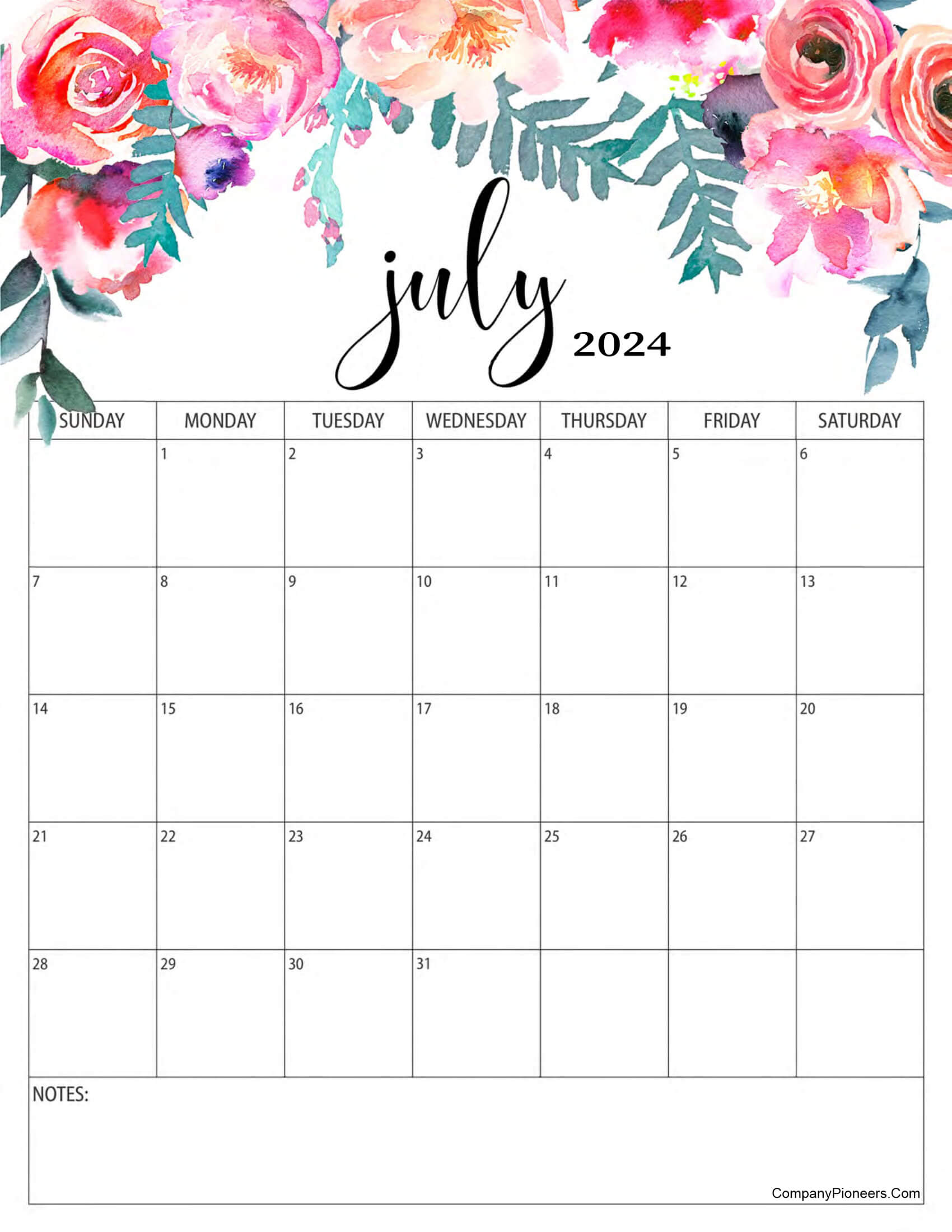 Red Roses Flower July 2024 Calendar with Notes