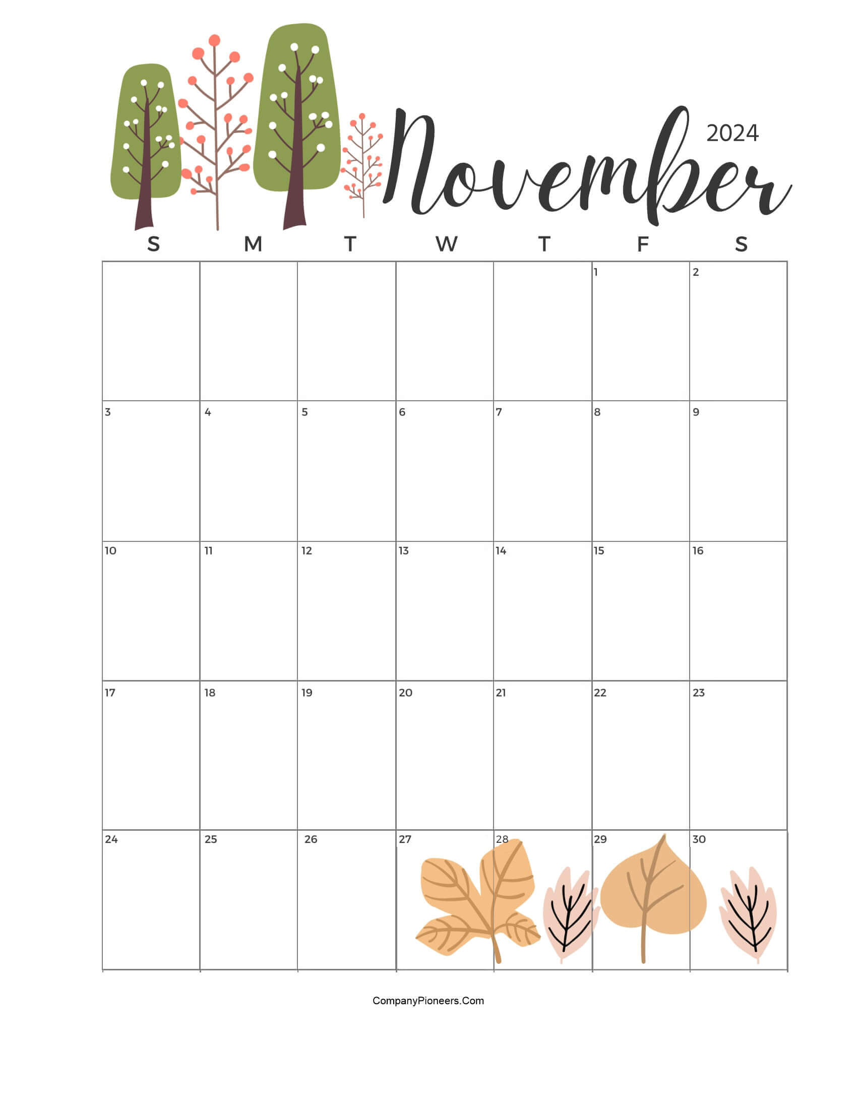 Calendar November 2024 Cute Cactus Leaves