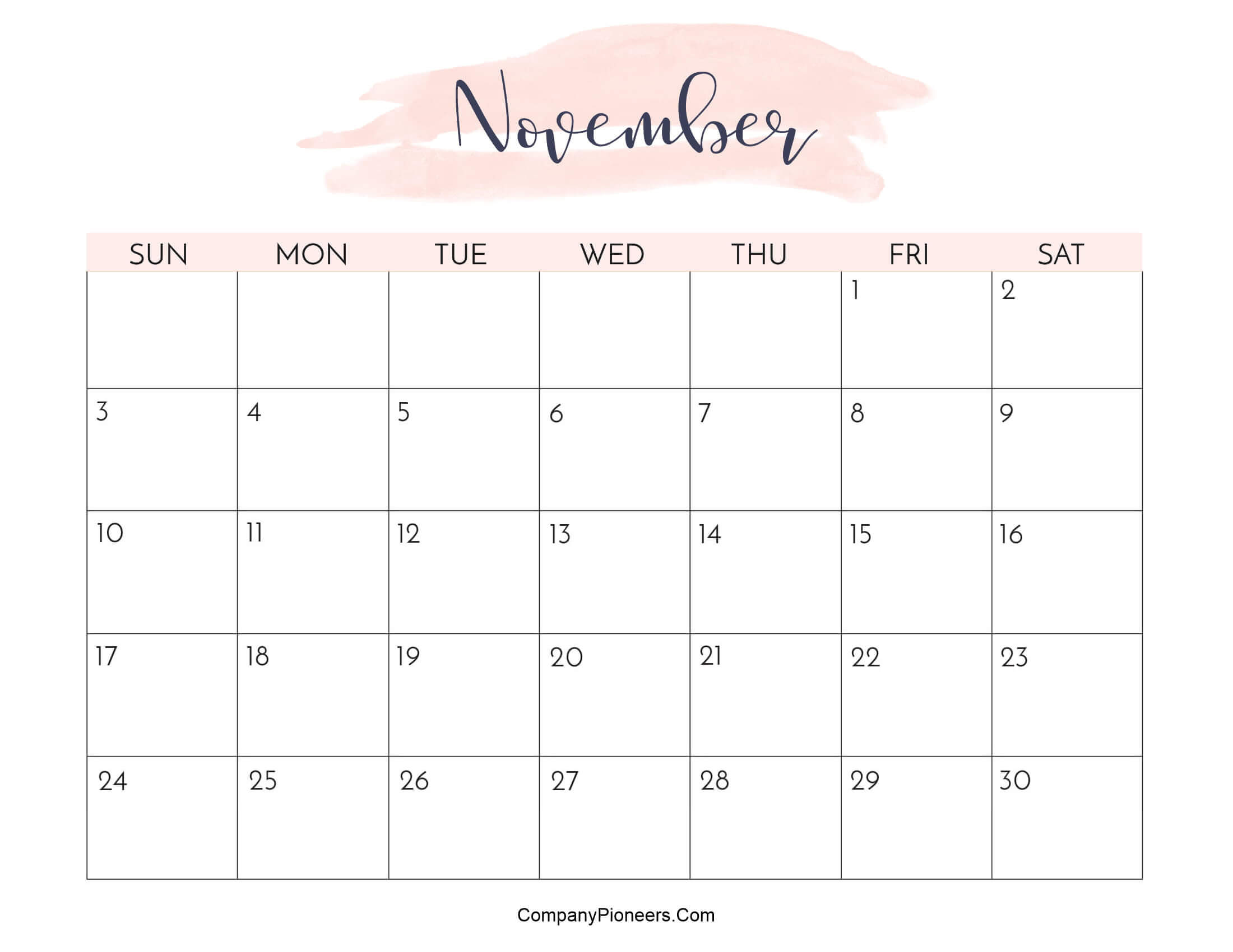 Cute November 2024 Calendar Printable Water Color