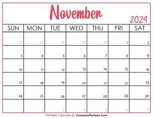 November 2024 Calendar Printable Pink Header