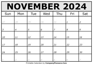 Printable November 2024 Calendar Italic Font