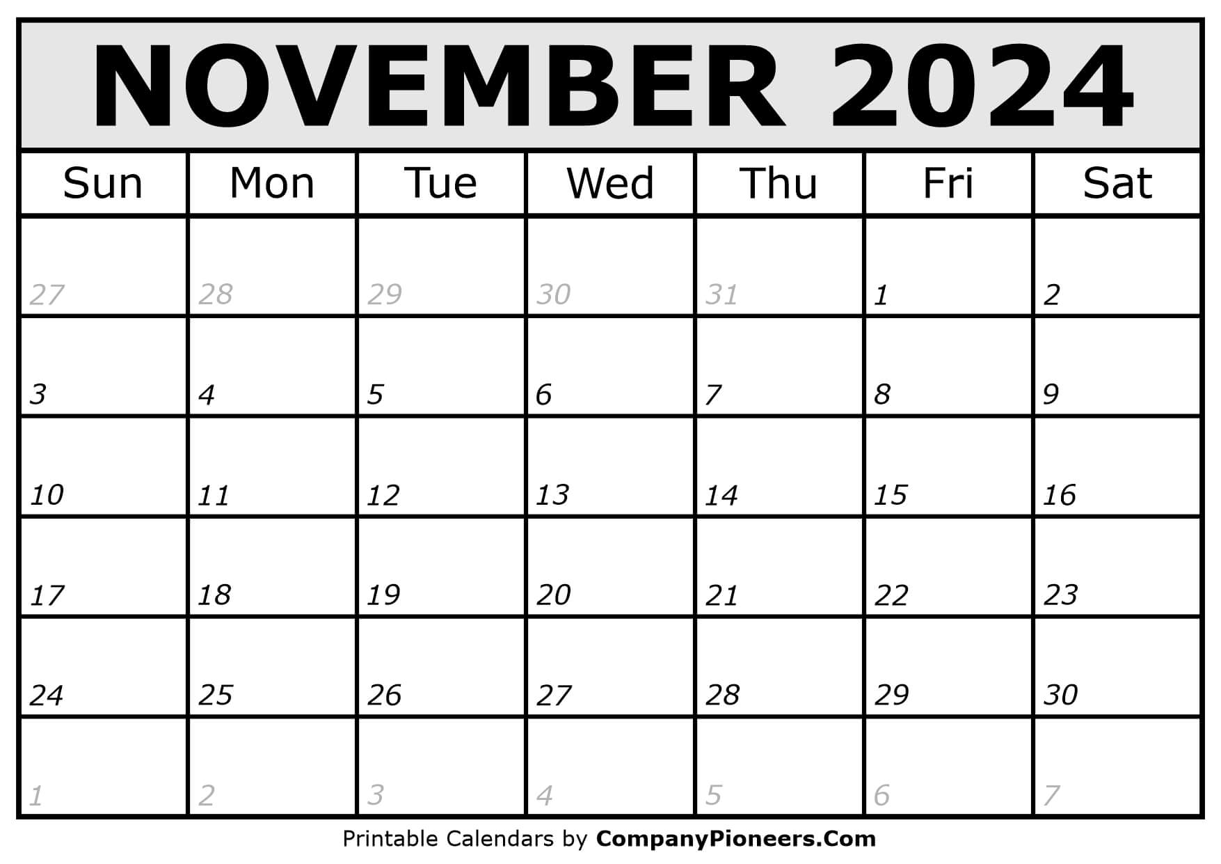 Printable November 2024 Calendar Italic Font