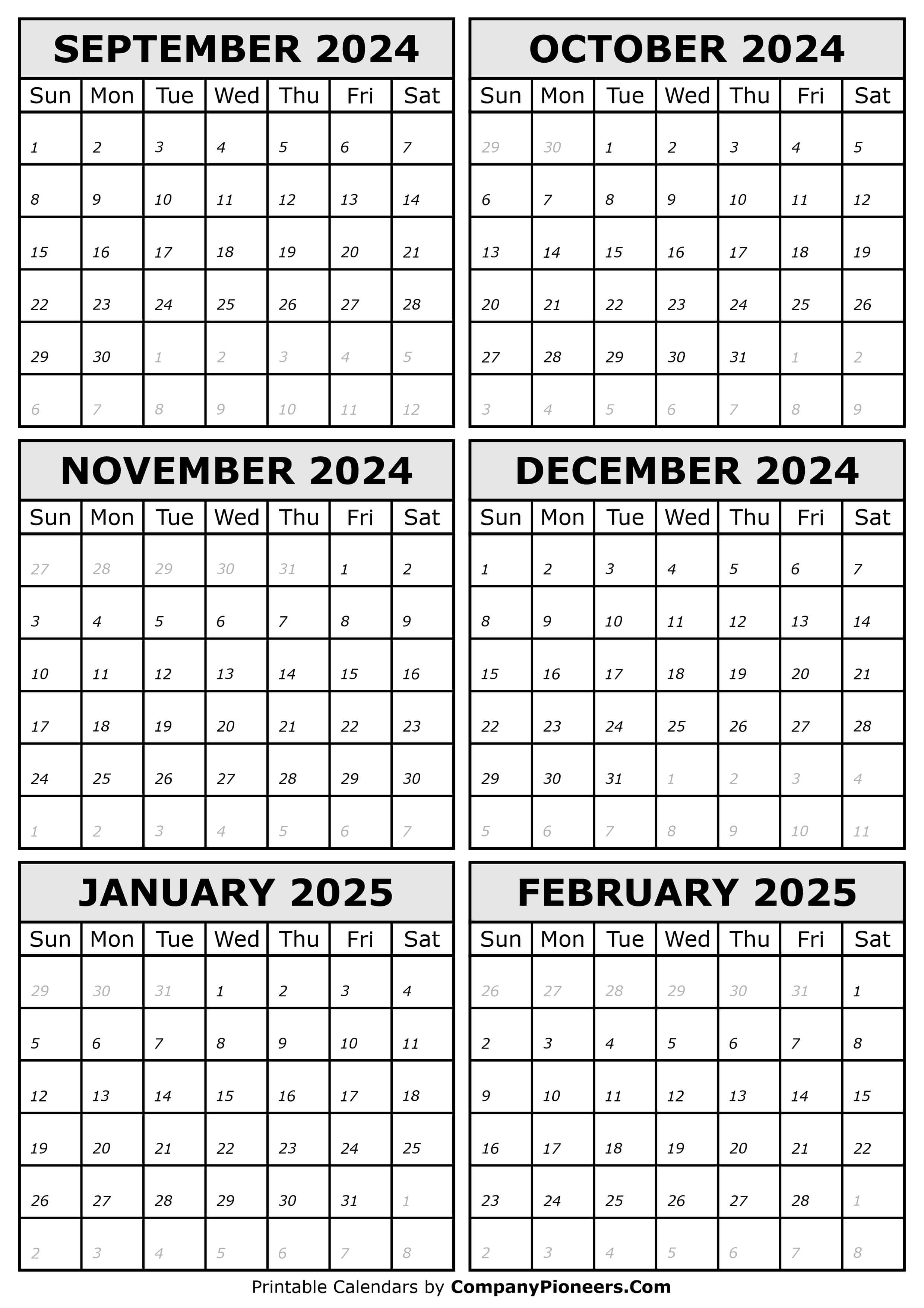 2024 September to 2025 February Calendar