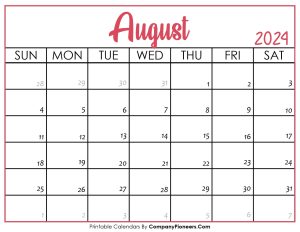 August 2024 Calendar Printable Pink Header