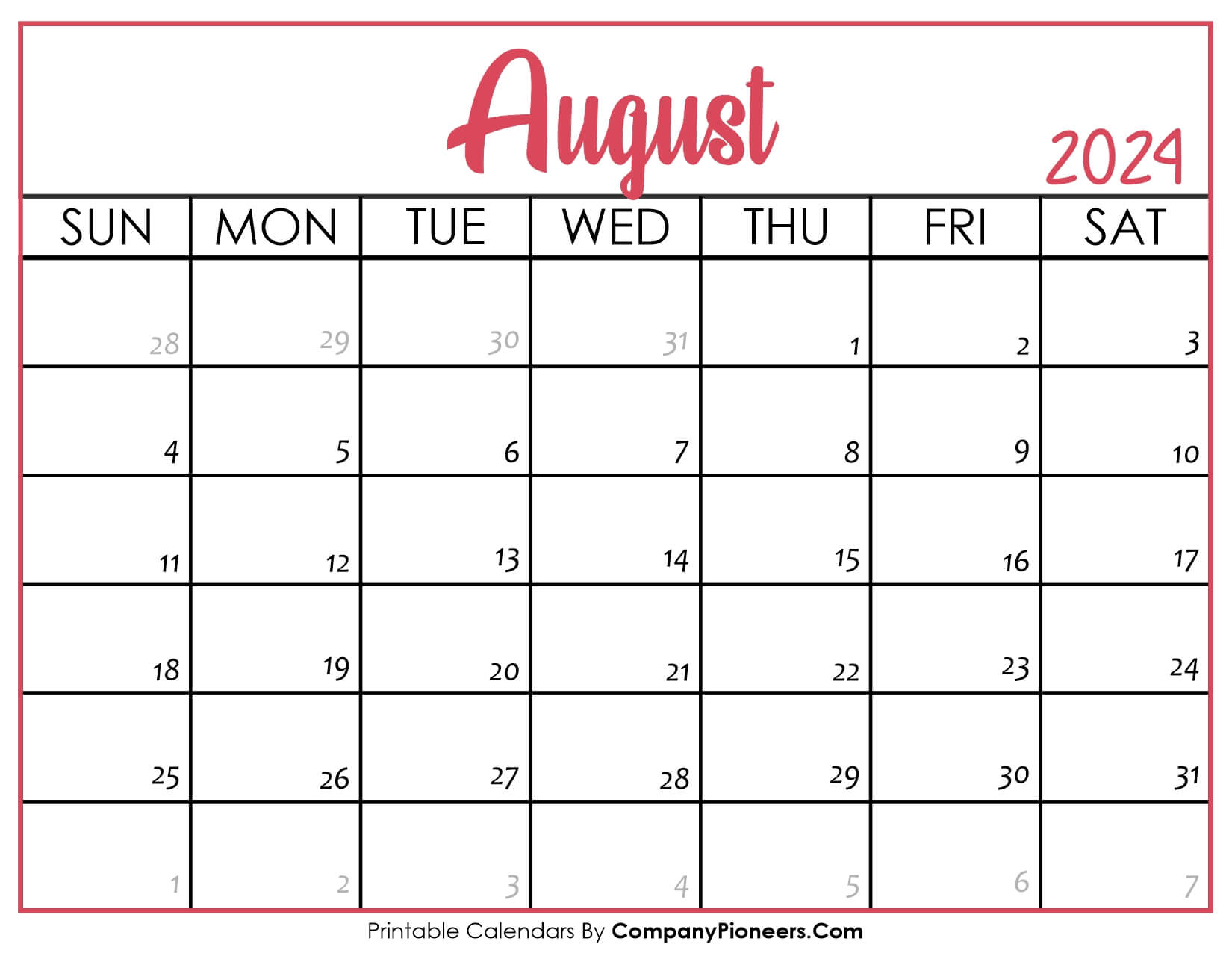 August 2024 Calendar Printable Pink Header
