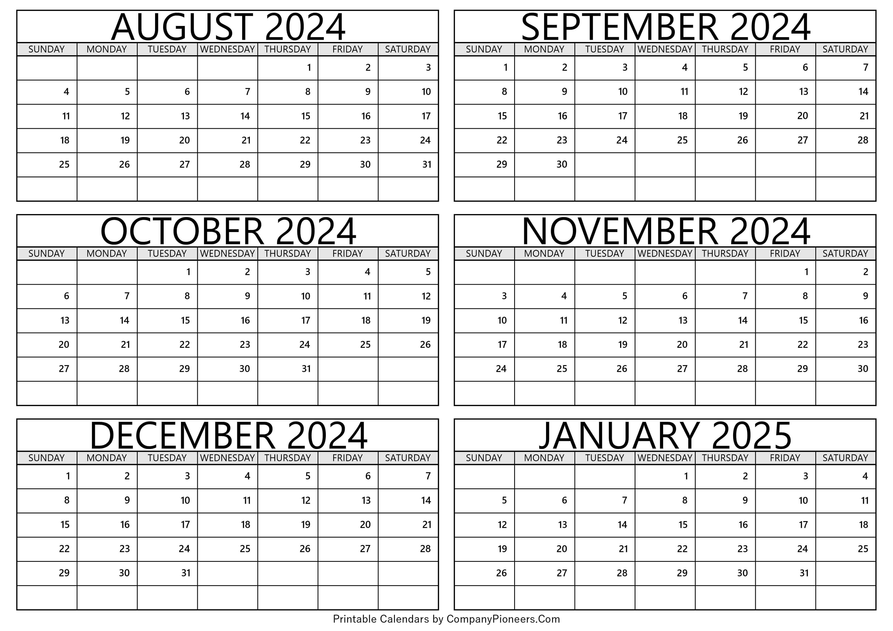 August 2024 to January 2025 Calendar