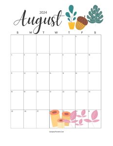 Calendar August 2024 Cute Cactus Leaves