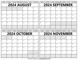Printable August to November 2024 Calendars