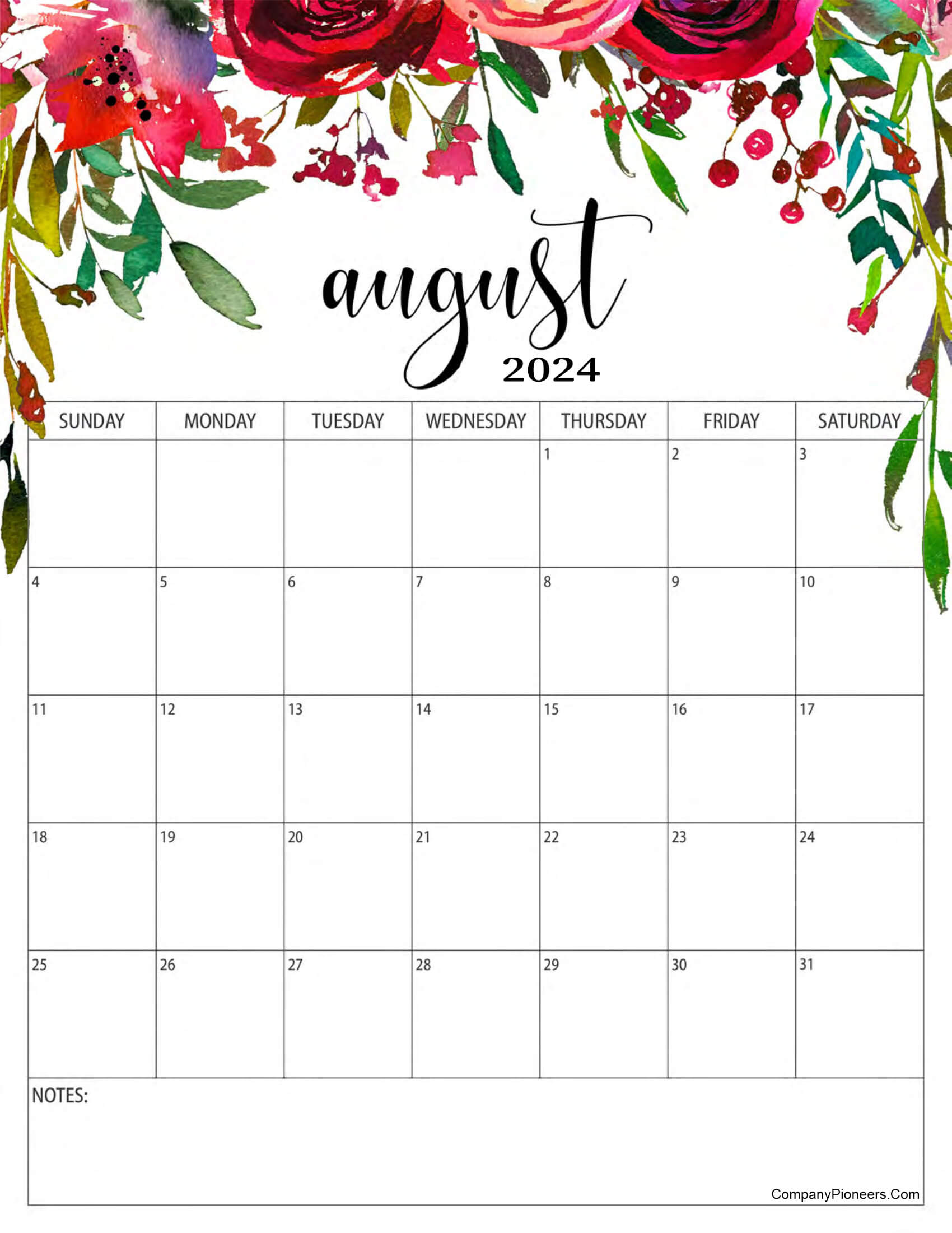Red Roses Flower August 2024 Calendar with Notes
