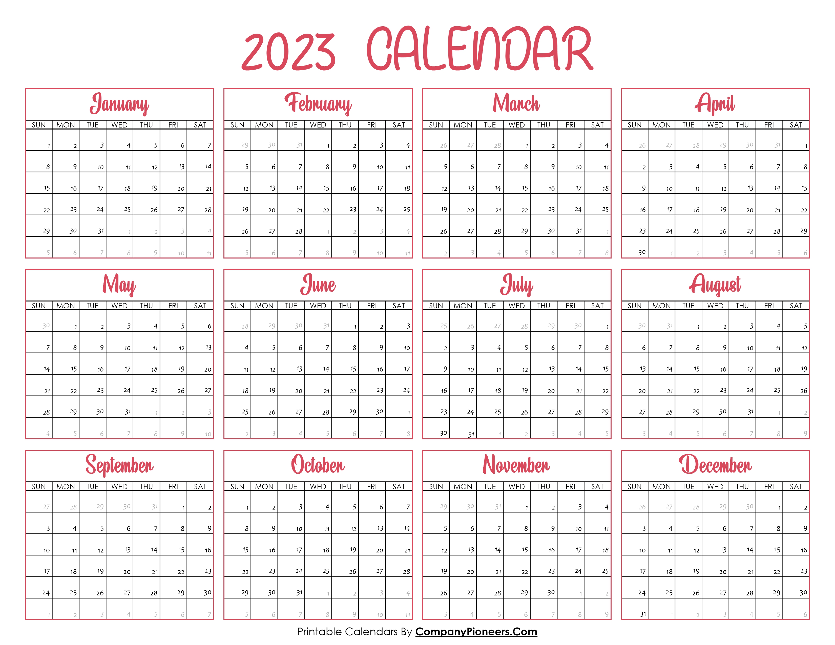 2023 Calendar Printable Pink Header