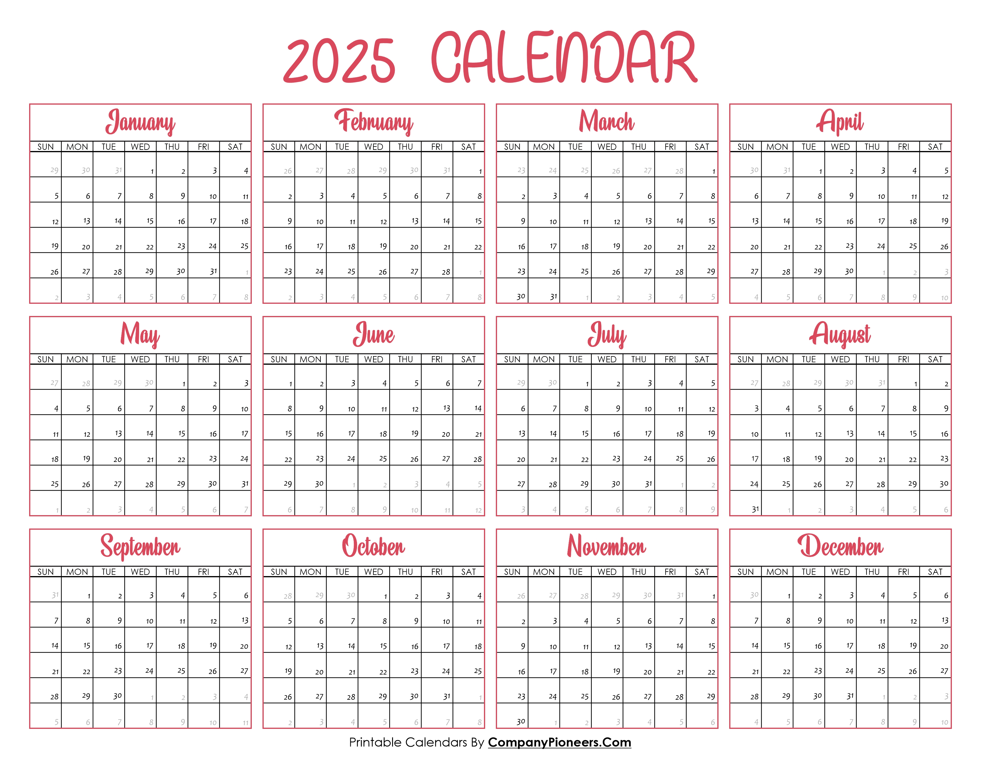 2025 Calendar Printable Pink Header