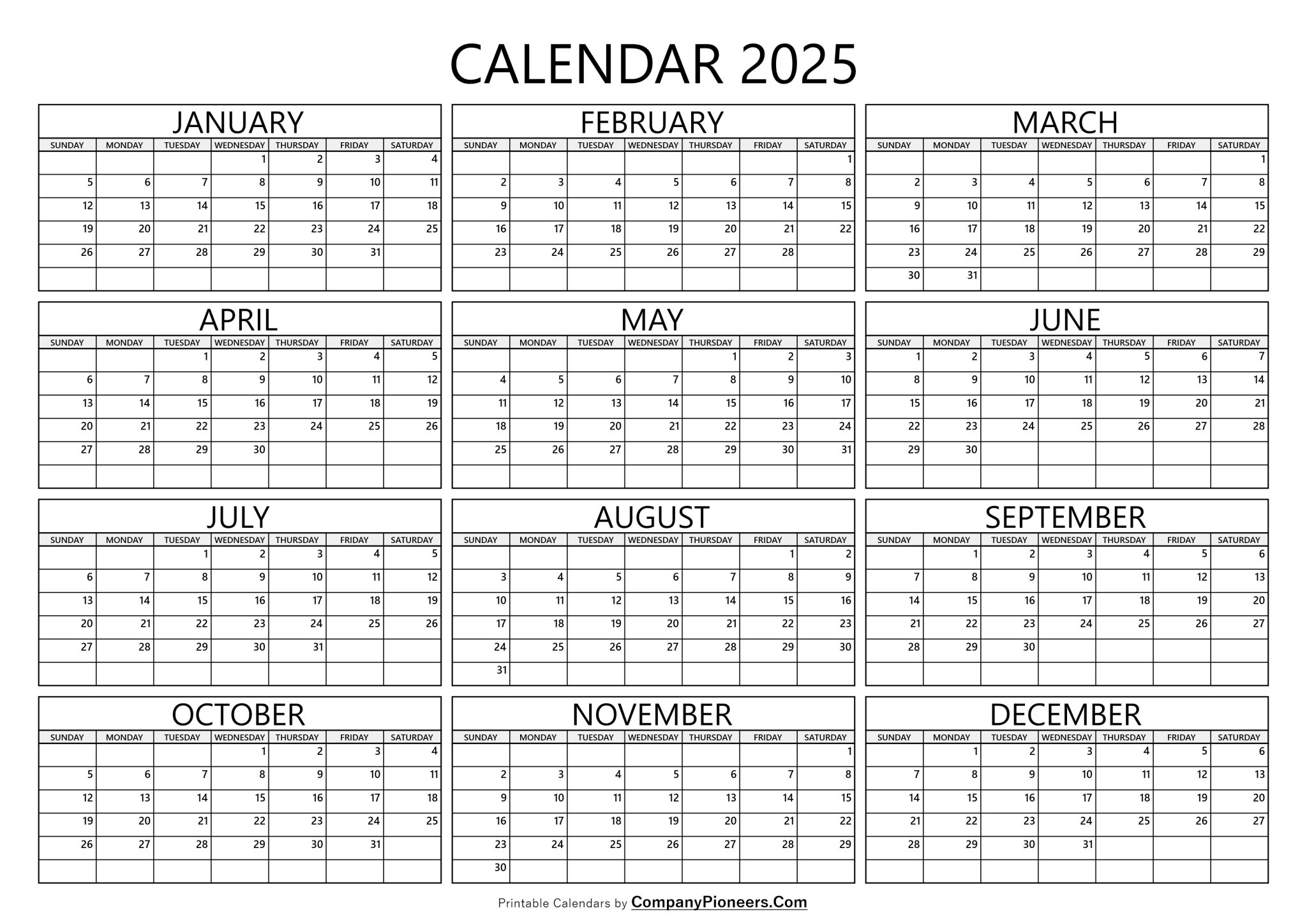 2025 Yearly Calendar Company Pioneers