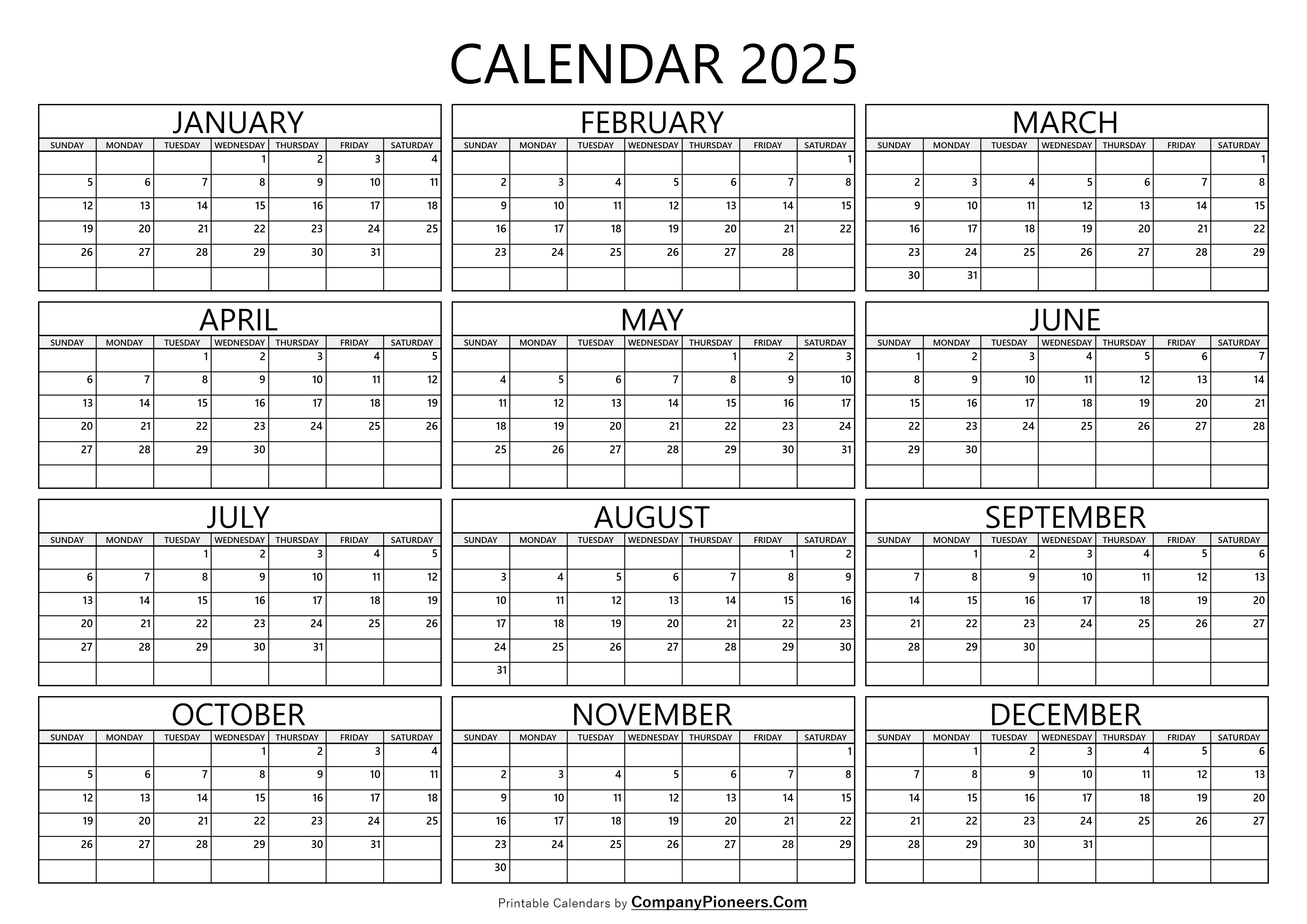 2025 Calendar Template Blank