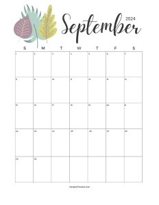 Calendar September 2024 Cute Cactus Leaves