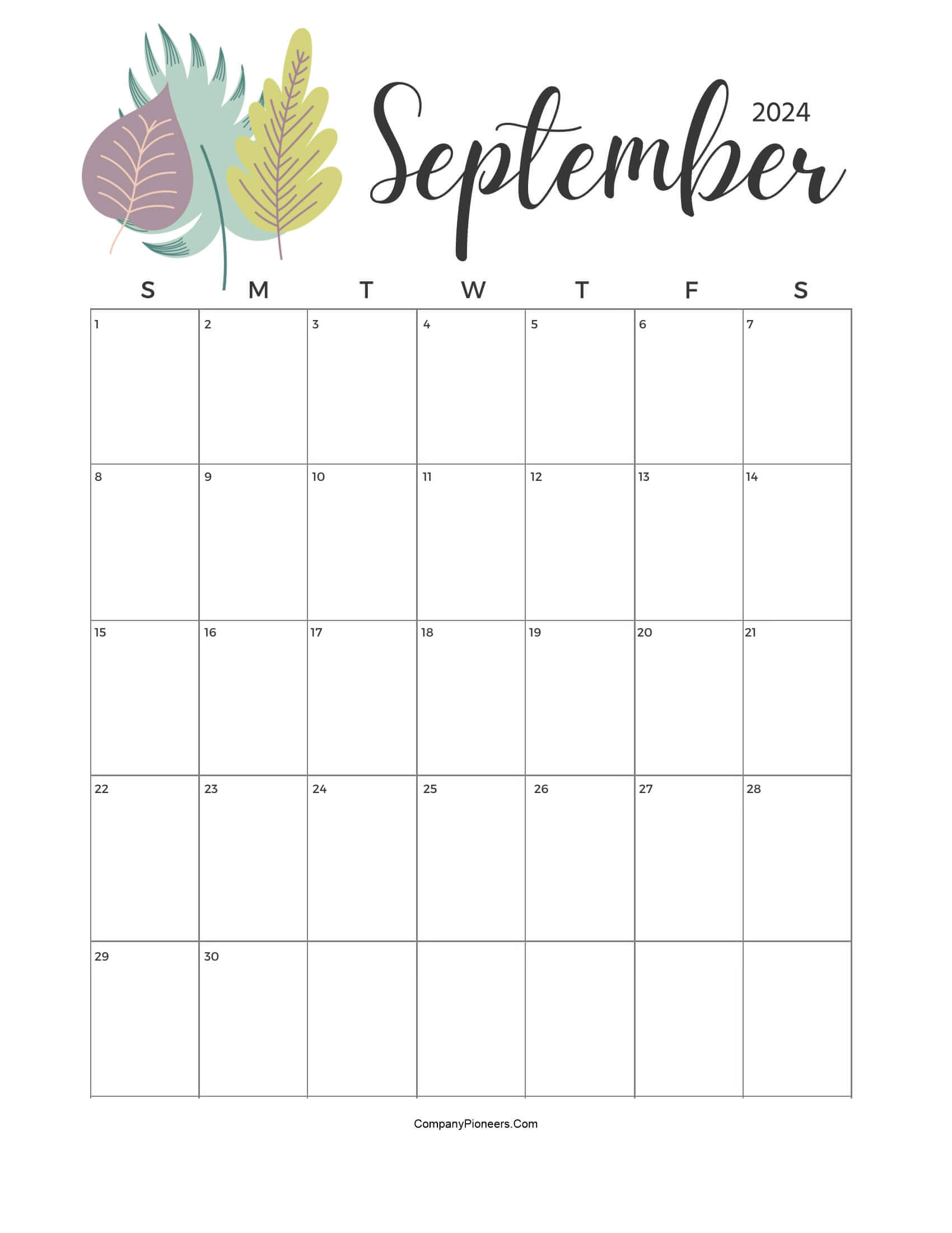 Calendar September 2024 Cute Cactus Leaves