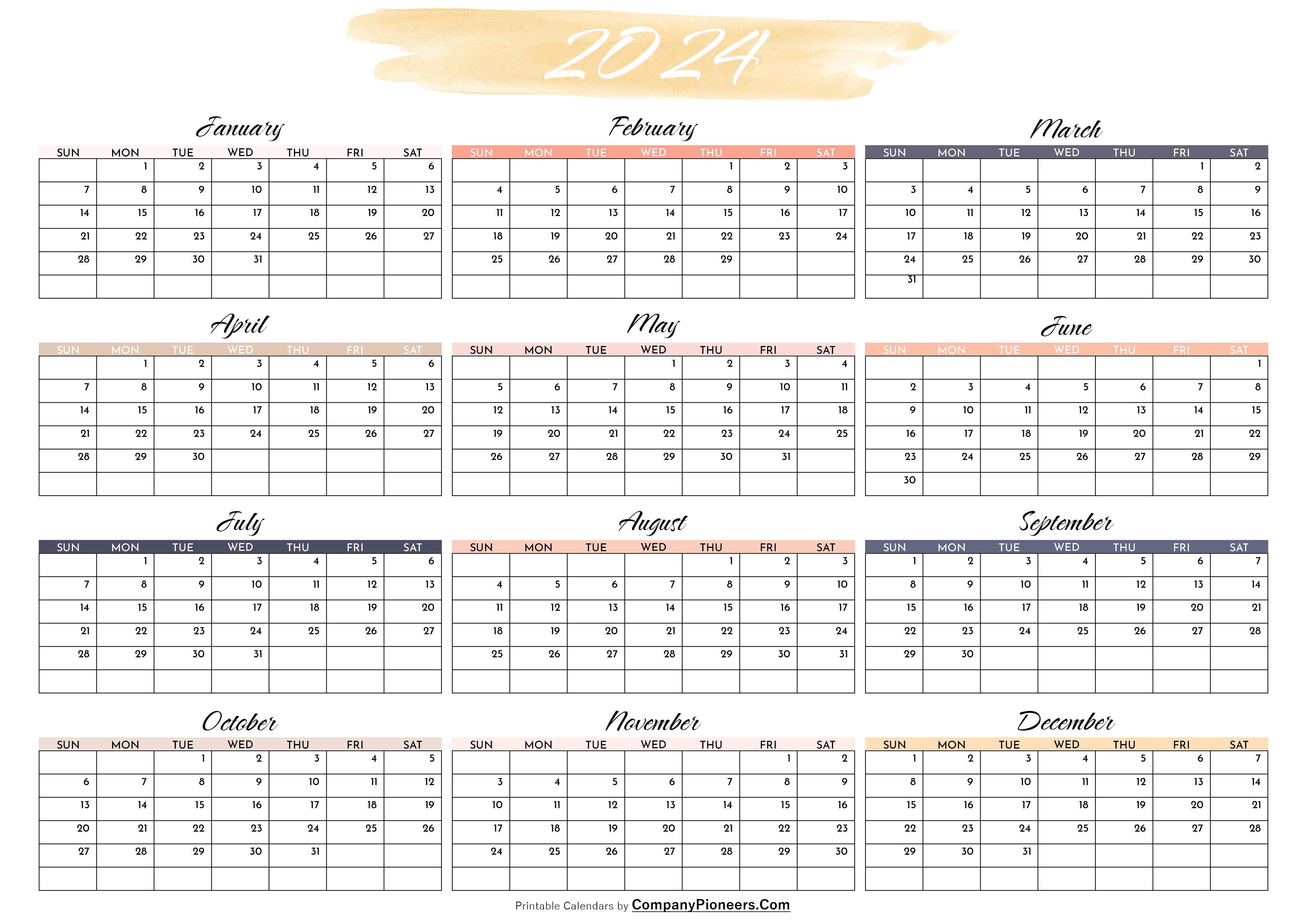 Cute 2024 Calendar Printable Water Color