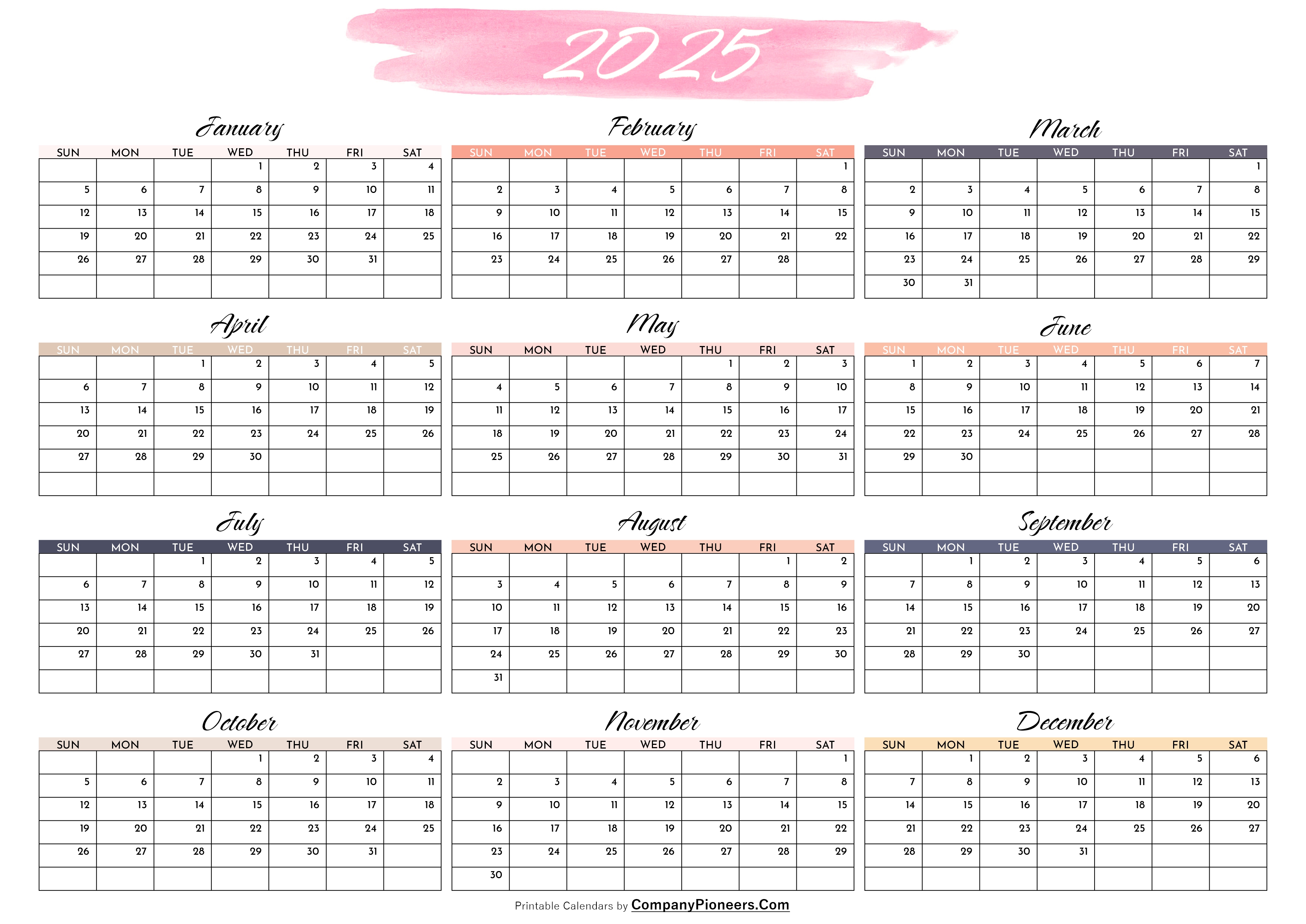 Cute 2025 Calendar Printable Water Color