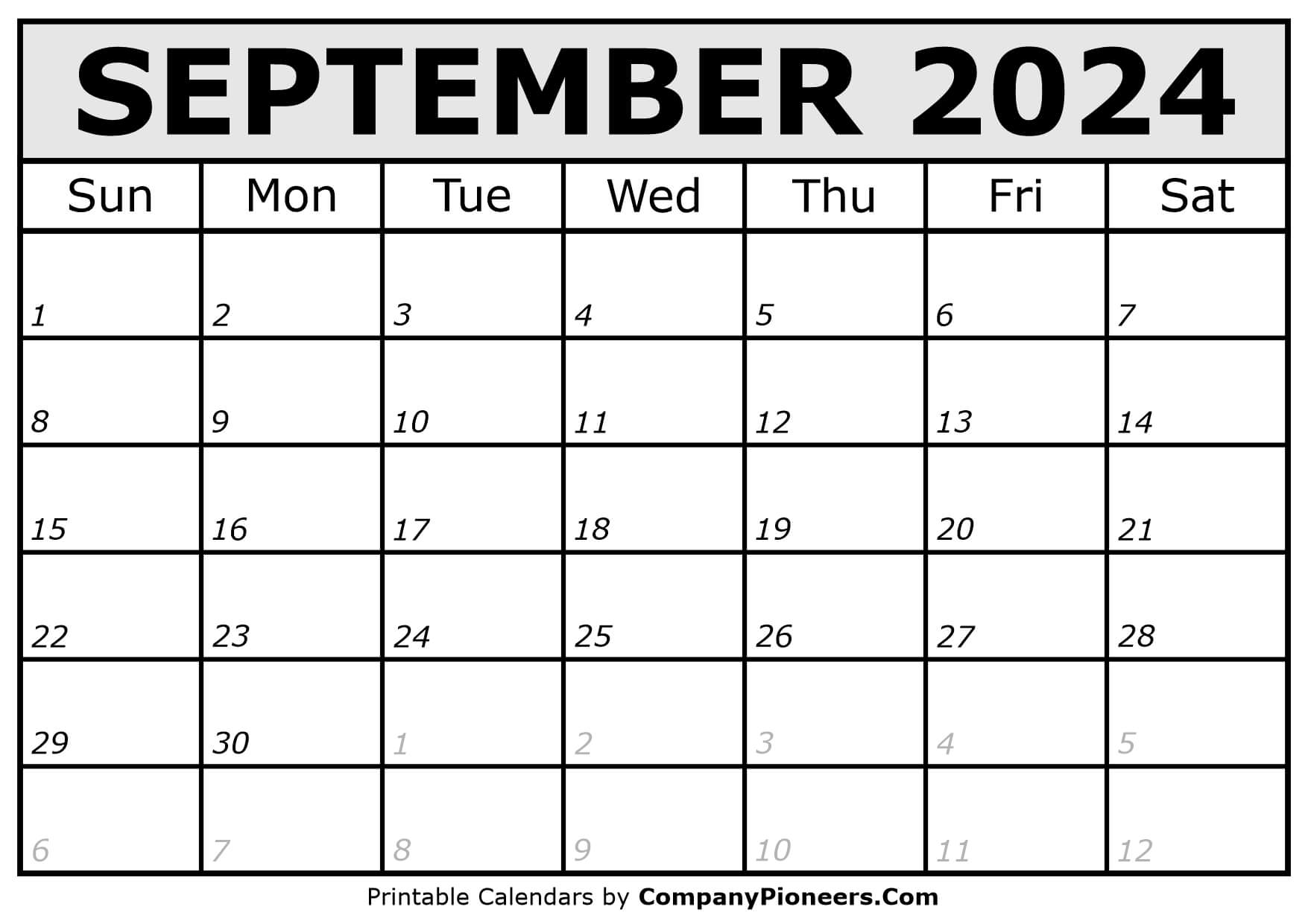 Printable September 2024 Calendar Italic Font
