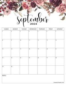 Red Roses Flower September 2024 Calendar with Notes