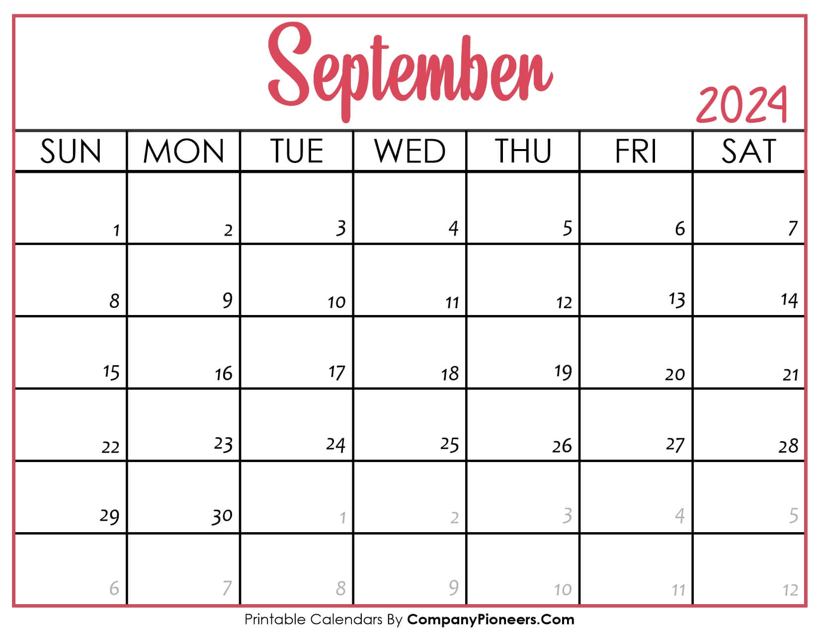 September 2024 Calendar Printable Pink Header