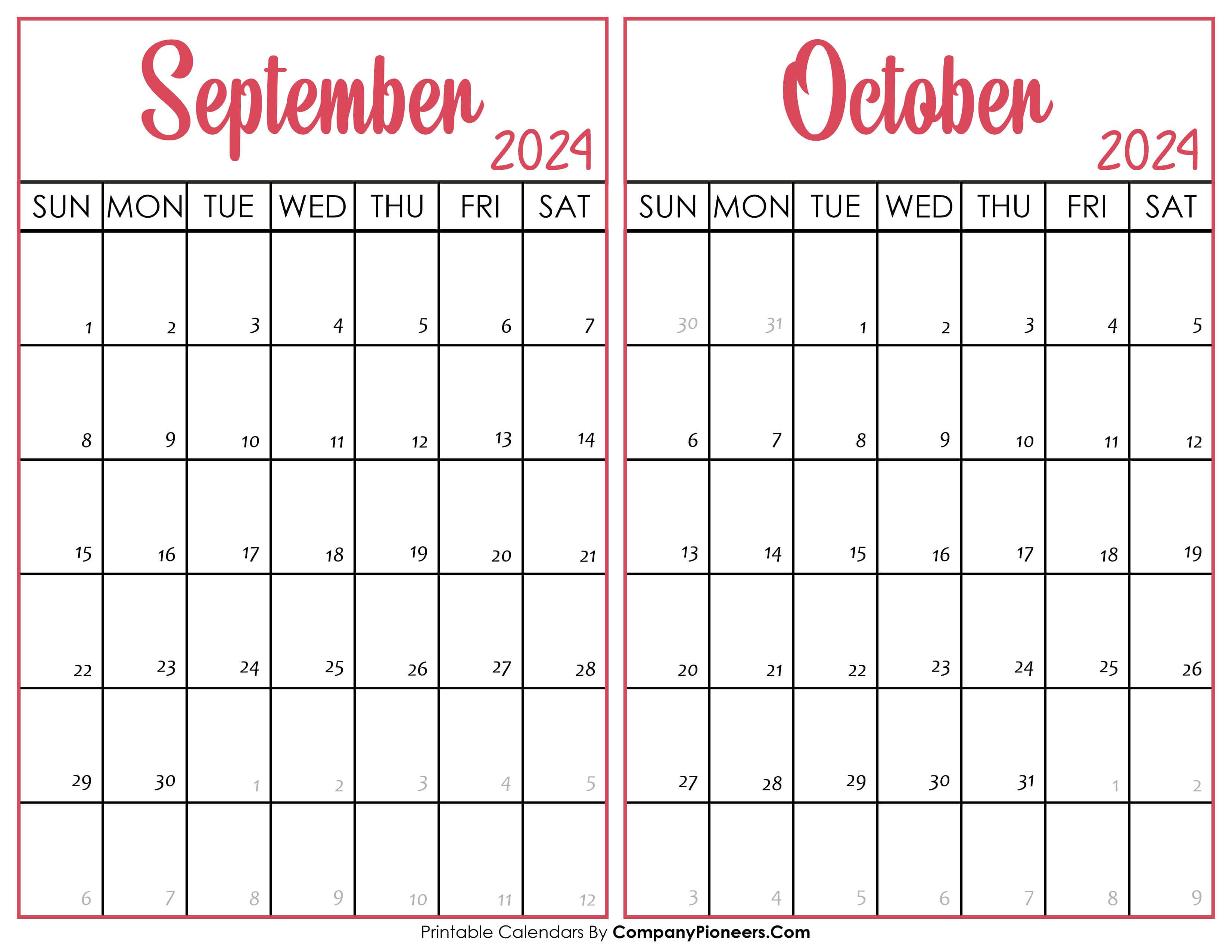 September and October Calendar 2024