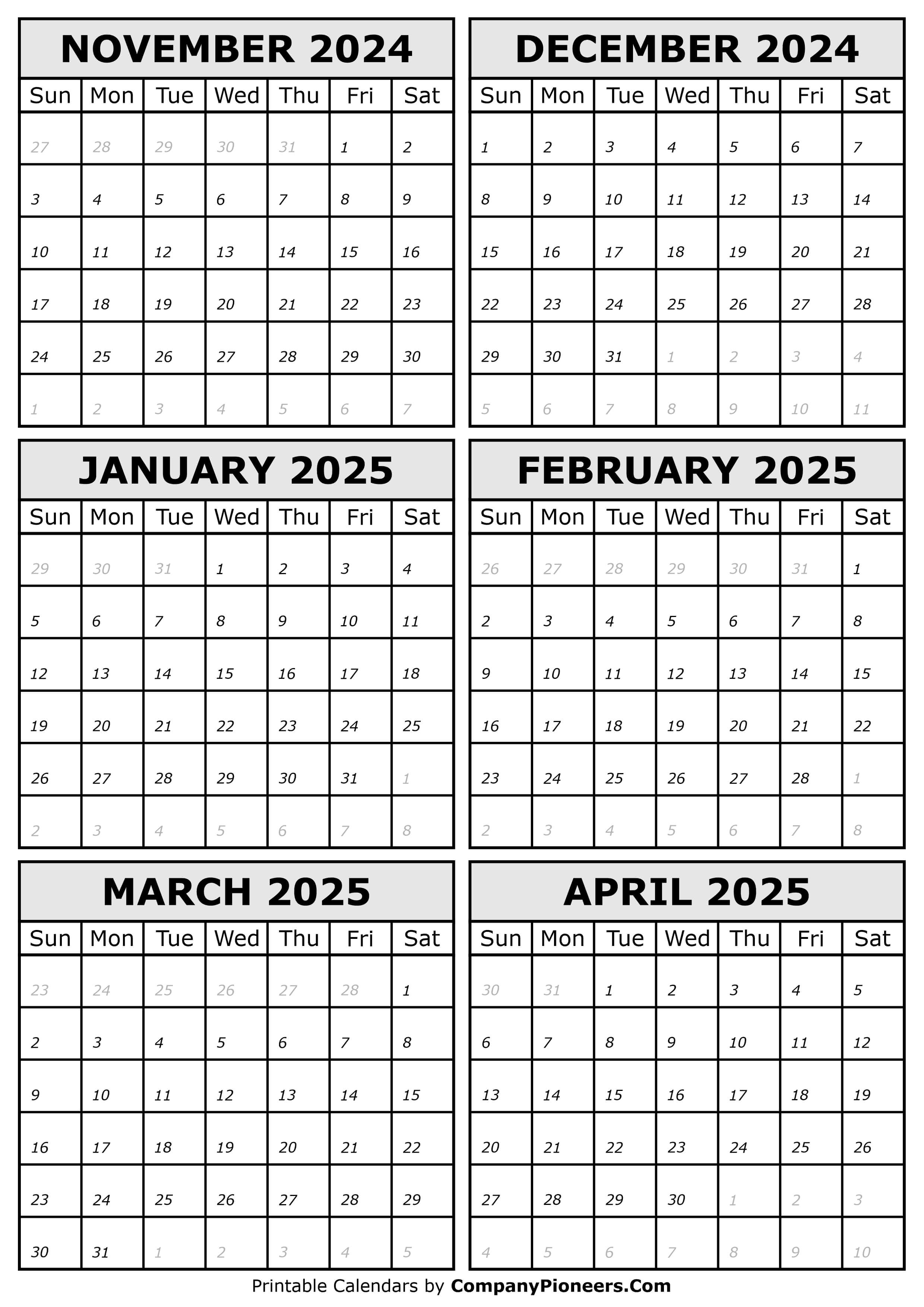2024 November to 2025 April Calendar
