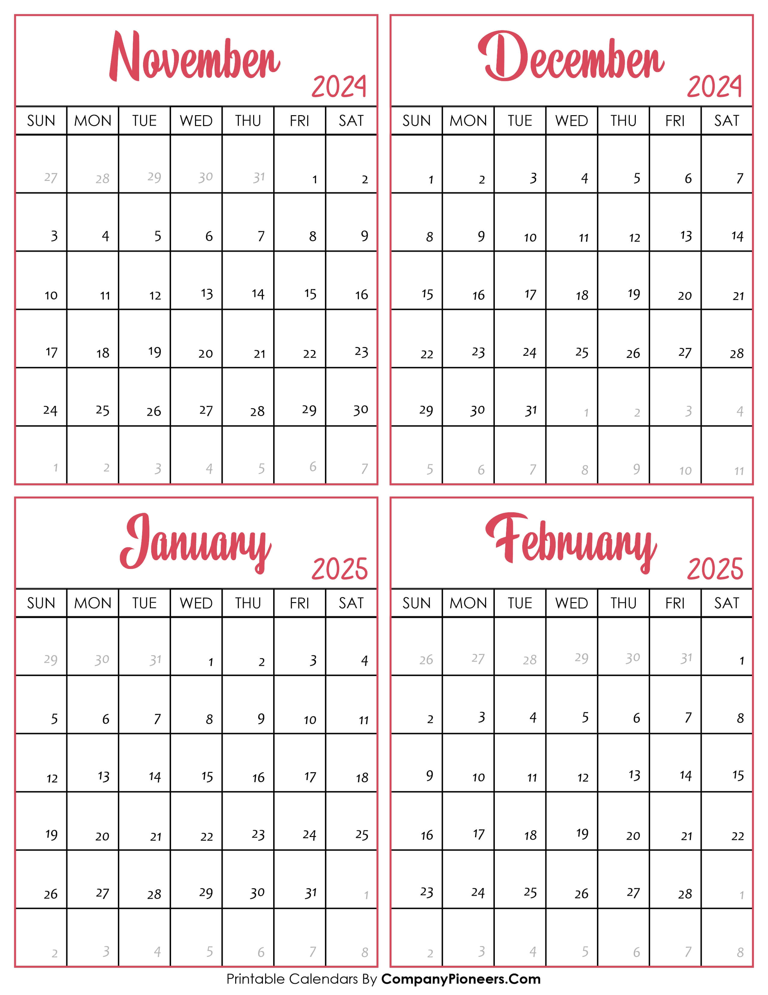 Calendar November 2024 to February 2025