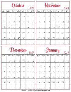 Calendar October 2024 to January 2025