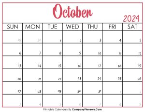 October 2024 Calendar Printable Pink Header