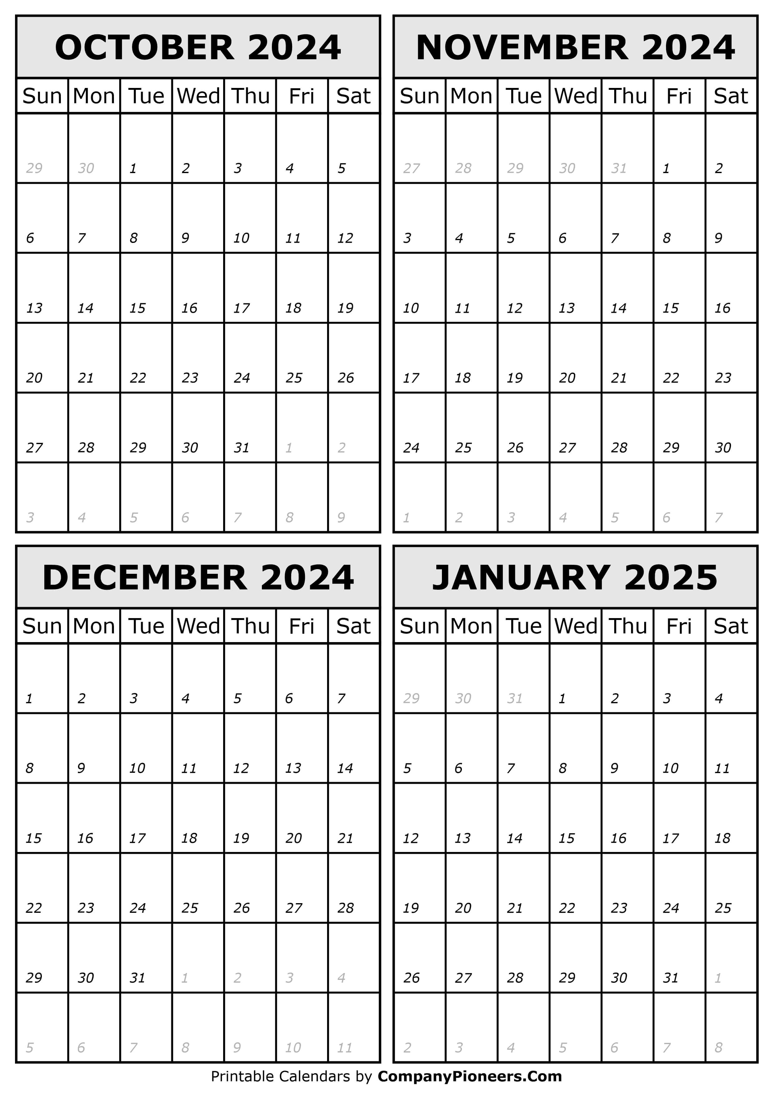 October 2024 to January 2025 Calendar Template