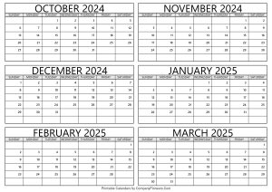 October 2024 to March 2025 Calendar