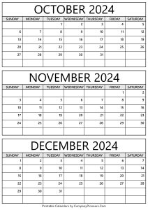October November December 2024 Calendar