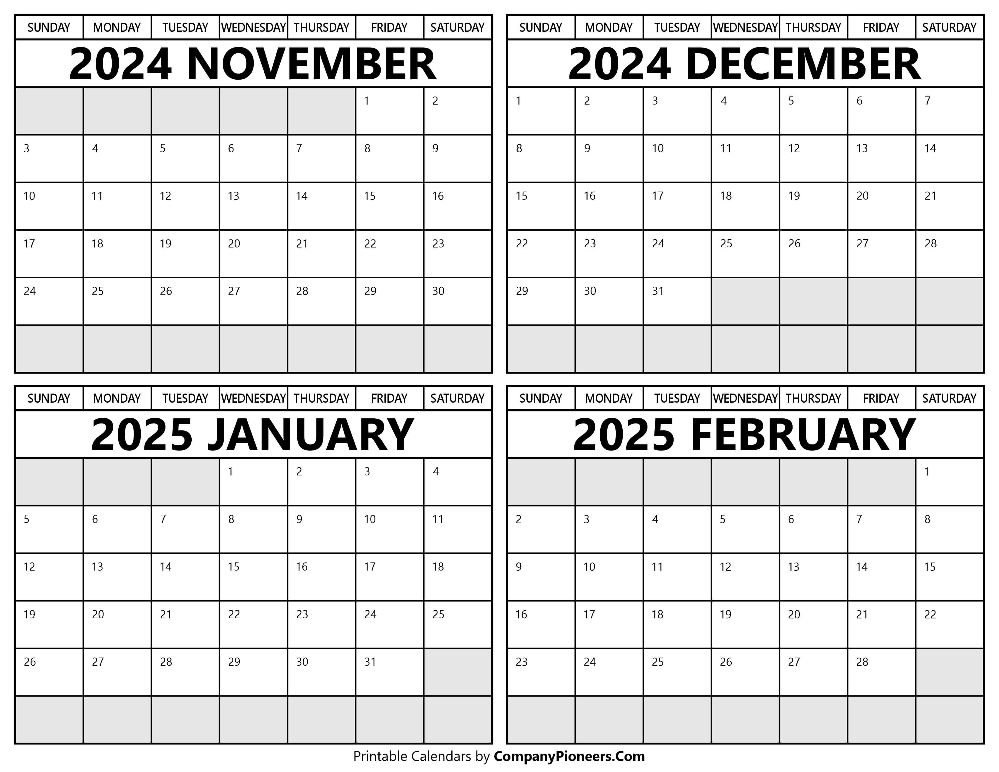 Printable November 2024 to February 2025 Calendars
