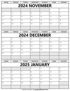Printable November 2024 to January 2025 Calendar