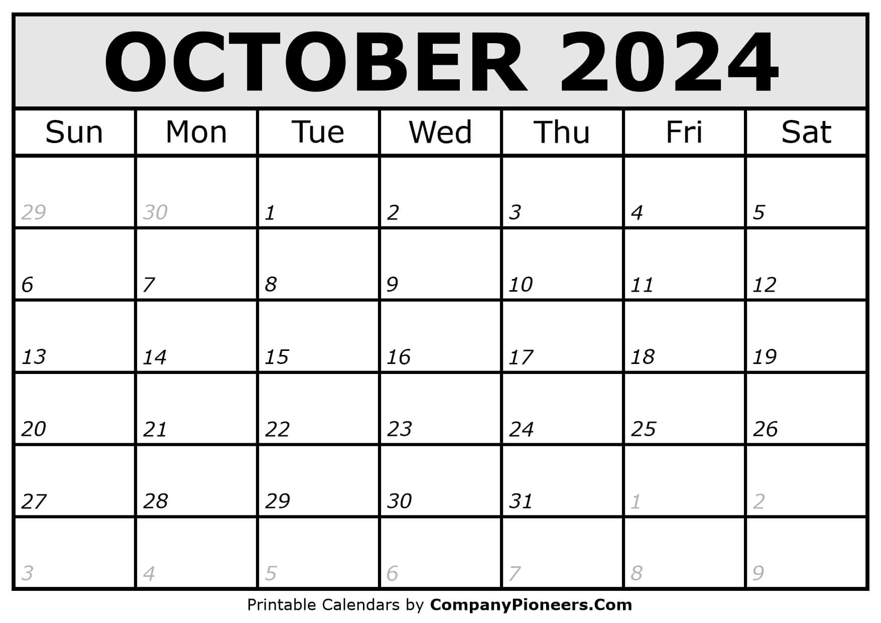 Printable October 2024 Calendar Italic Font