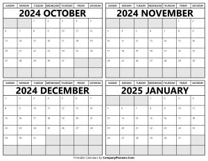 Printable October 2024 to January 2025 Calendars