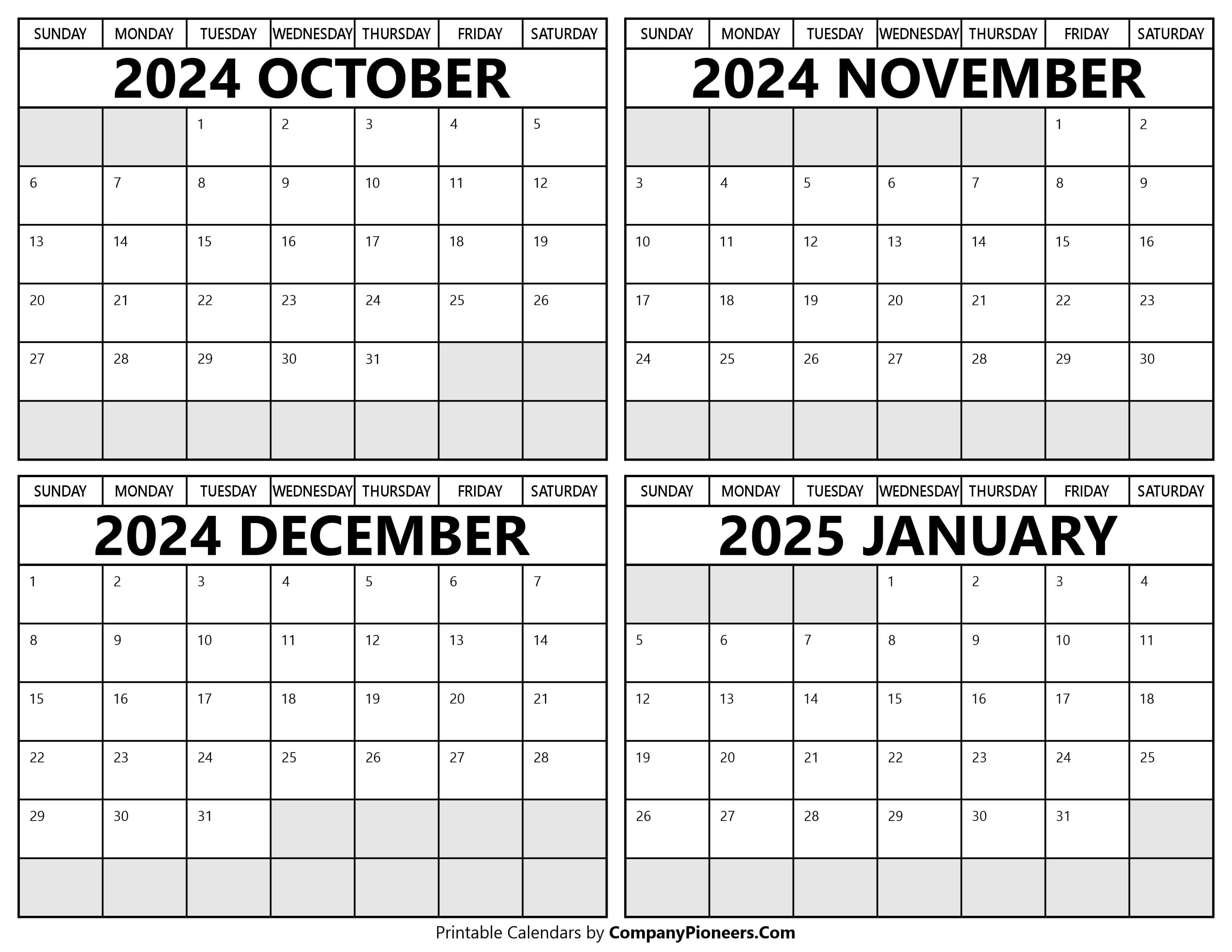 Printable October 2024 to January 2025 Calendars