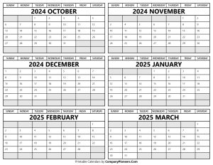 Printable October 2024 to March 2025 Calendar