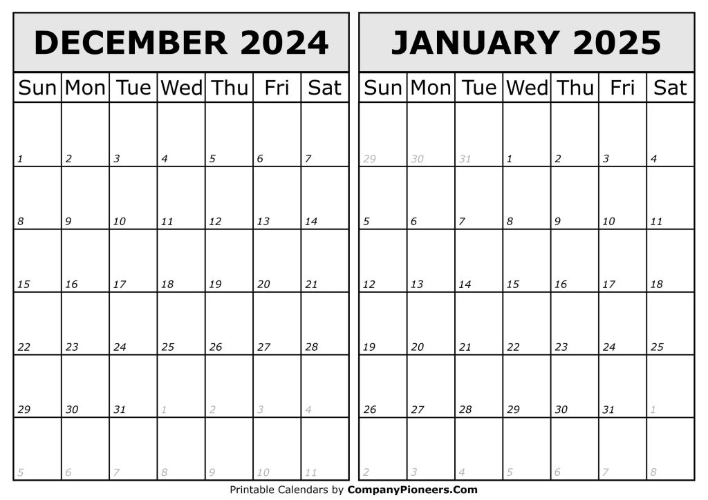 December 2024 January 2025 Calendar Printable Template