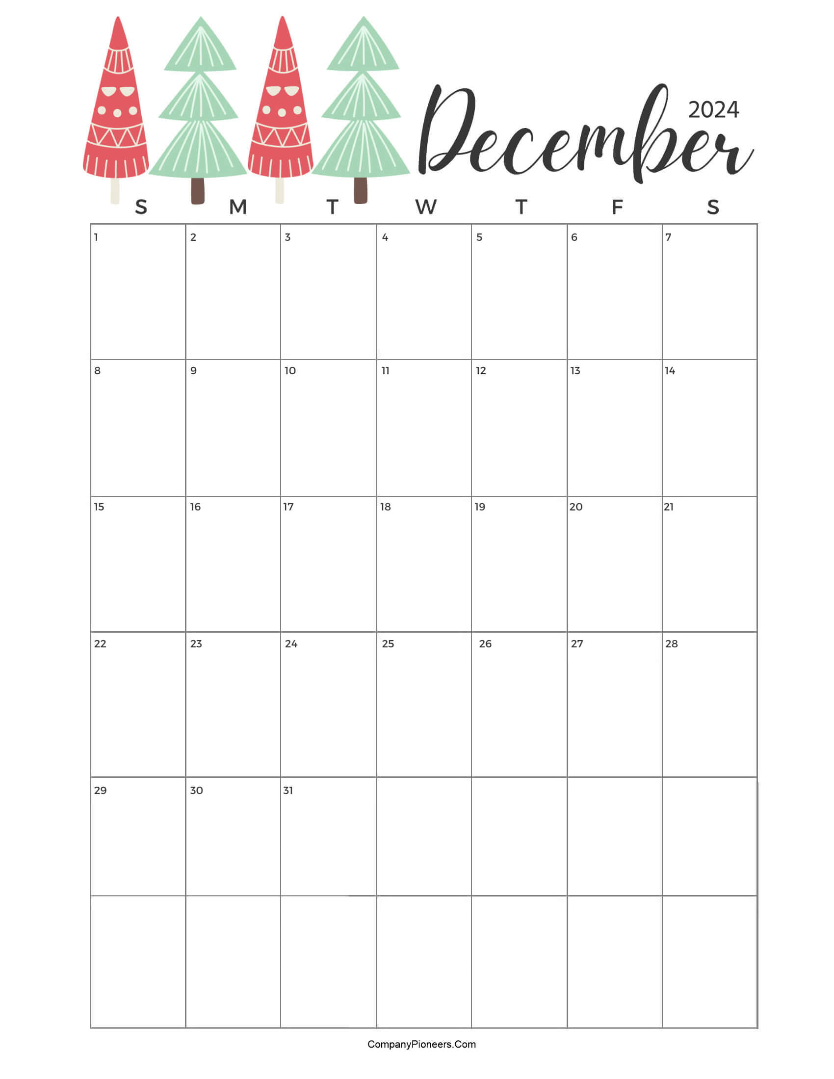 Calendar December 2024 Cute Cactus Leaves