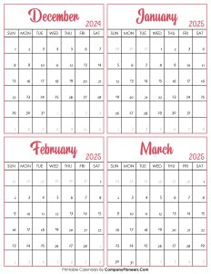 Calendar December 2024 to March 2025