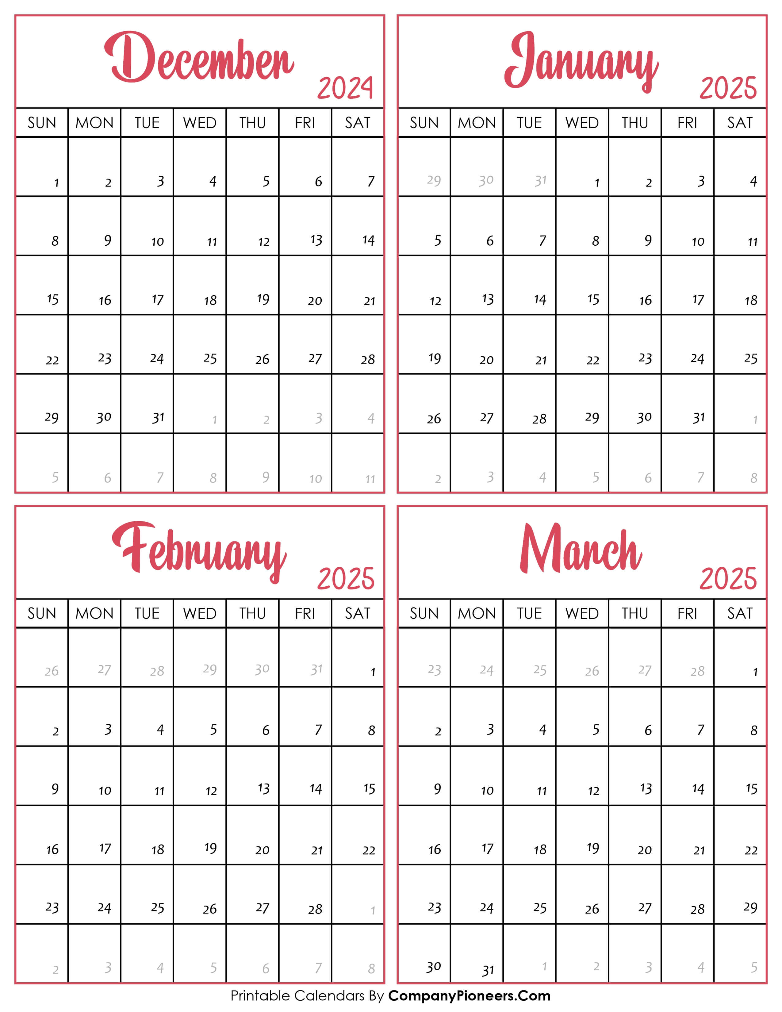 Calendar December 2024 to March 2025