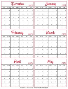 Calendar December 2024 to May 2025