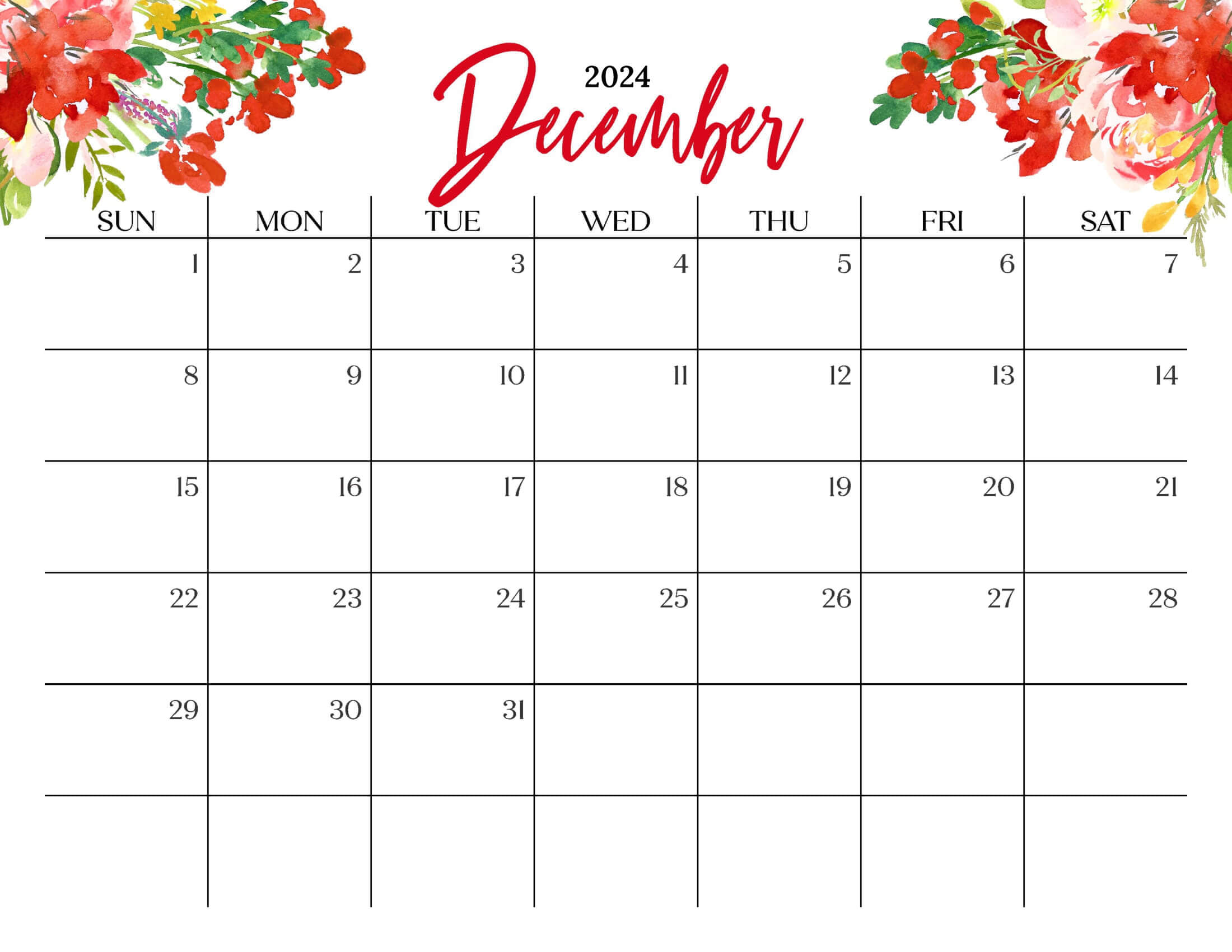 Cute December 2024 Calendar Multi Flower