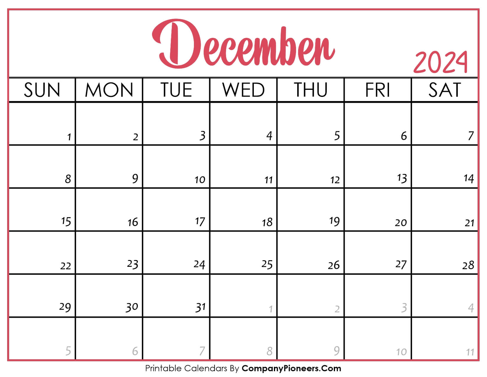 December 2024 Calendar Printable Pink Header